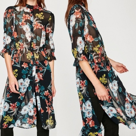 Zara Floral Long Sleeve Shirt Dress Sheer Kimono - Picture 3 of 11